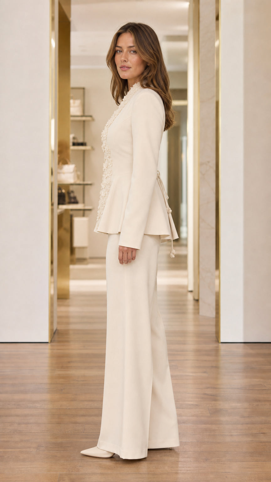 Ivory formal peplum pantsuit set side view