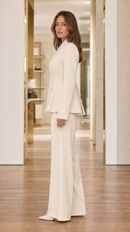Ivory formal peplum pantsuit set side view