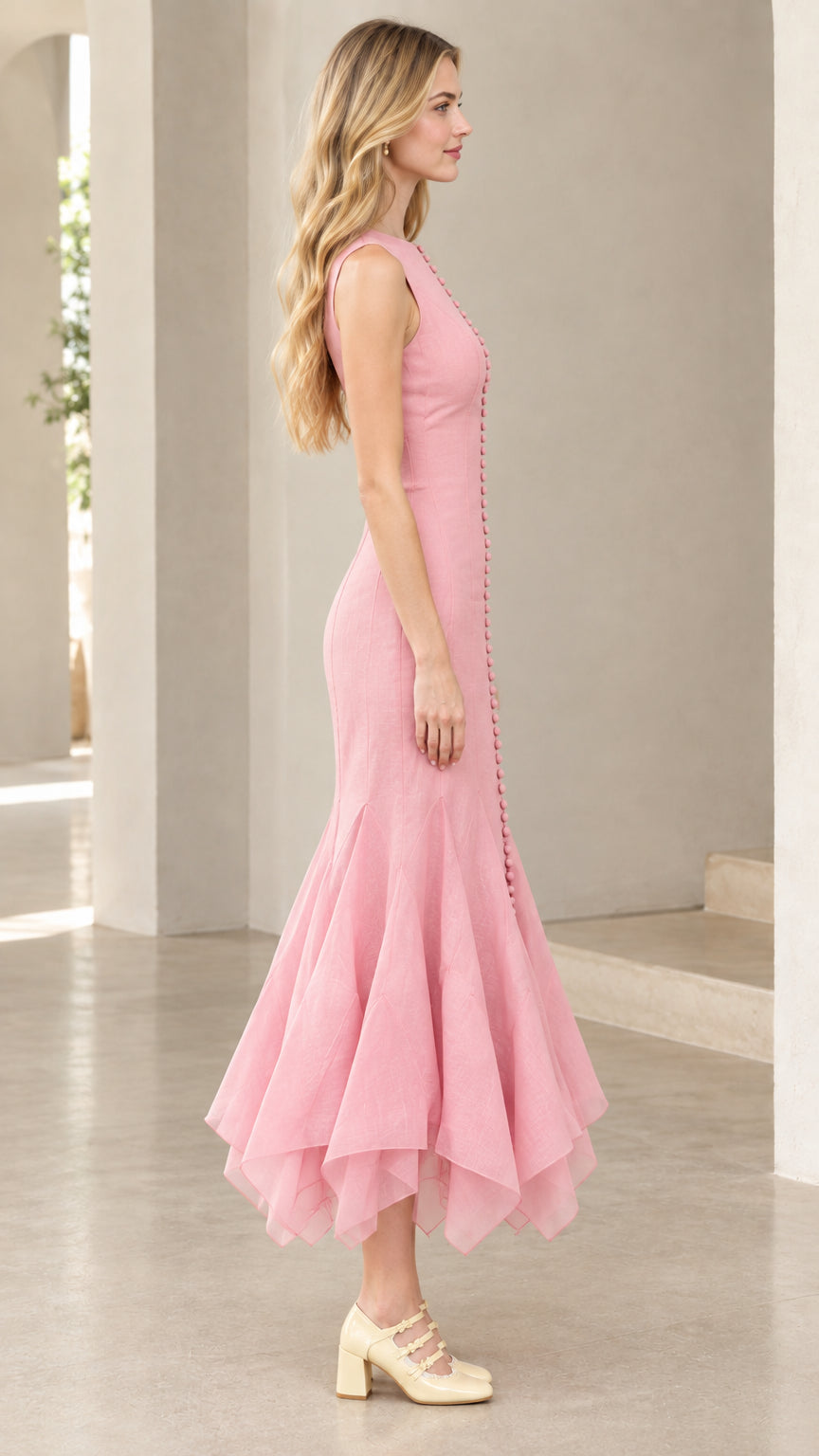 Side profile view of woman wearing pink sleeveless mermaid dress with flounce hem