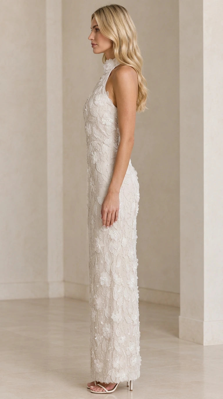 Side view of Ivory halter column formal dress showing tailored fit and floral texture