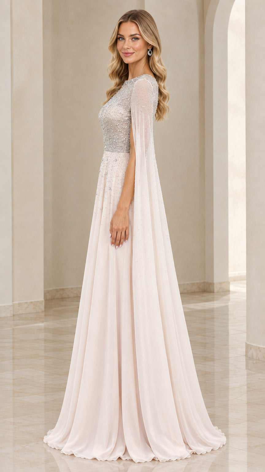 Side profile of Champagne formal gown with sweeping cape sleeves