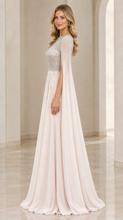 Side profile of Champagne formal gown with sweeping cape sleeves