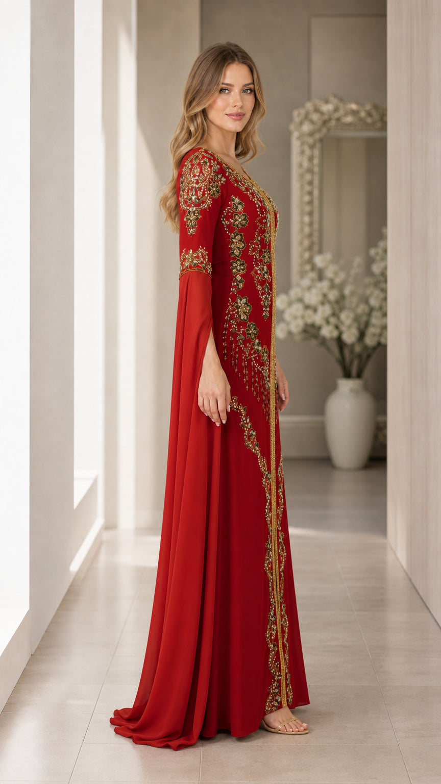 Side profile view of woman modeling the red flowing cape sleeve evening kaftan