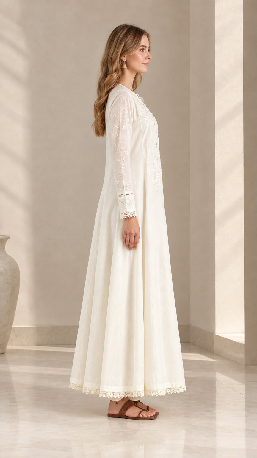 Off-white embroidered A-line maxi dress side profile view
