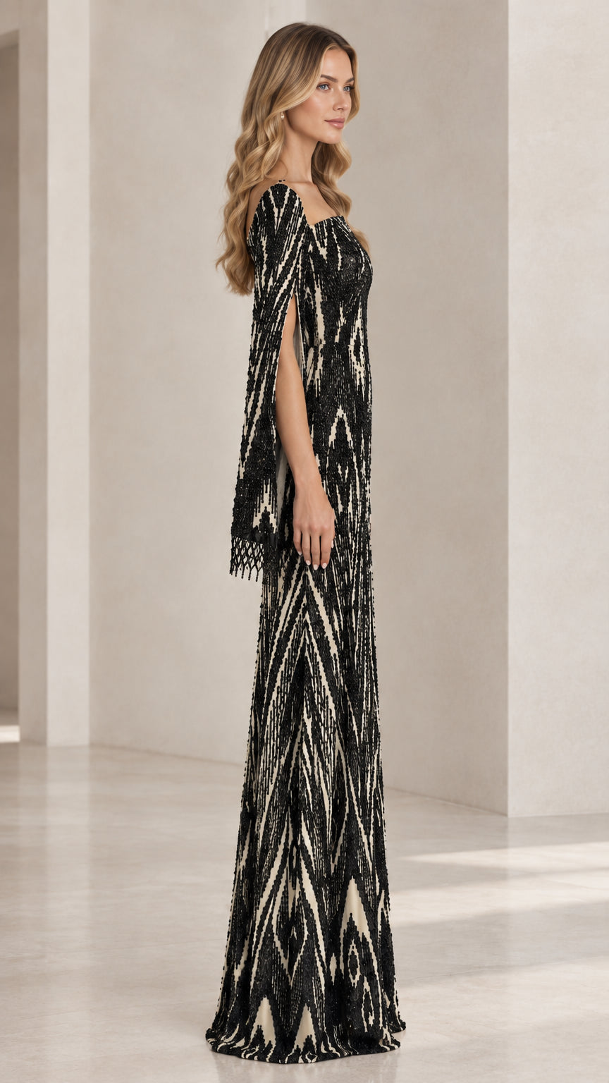Black embellished formal maxi gown side profile view