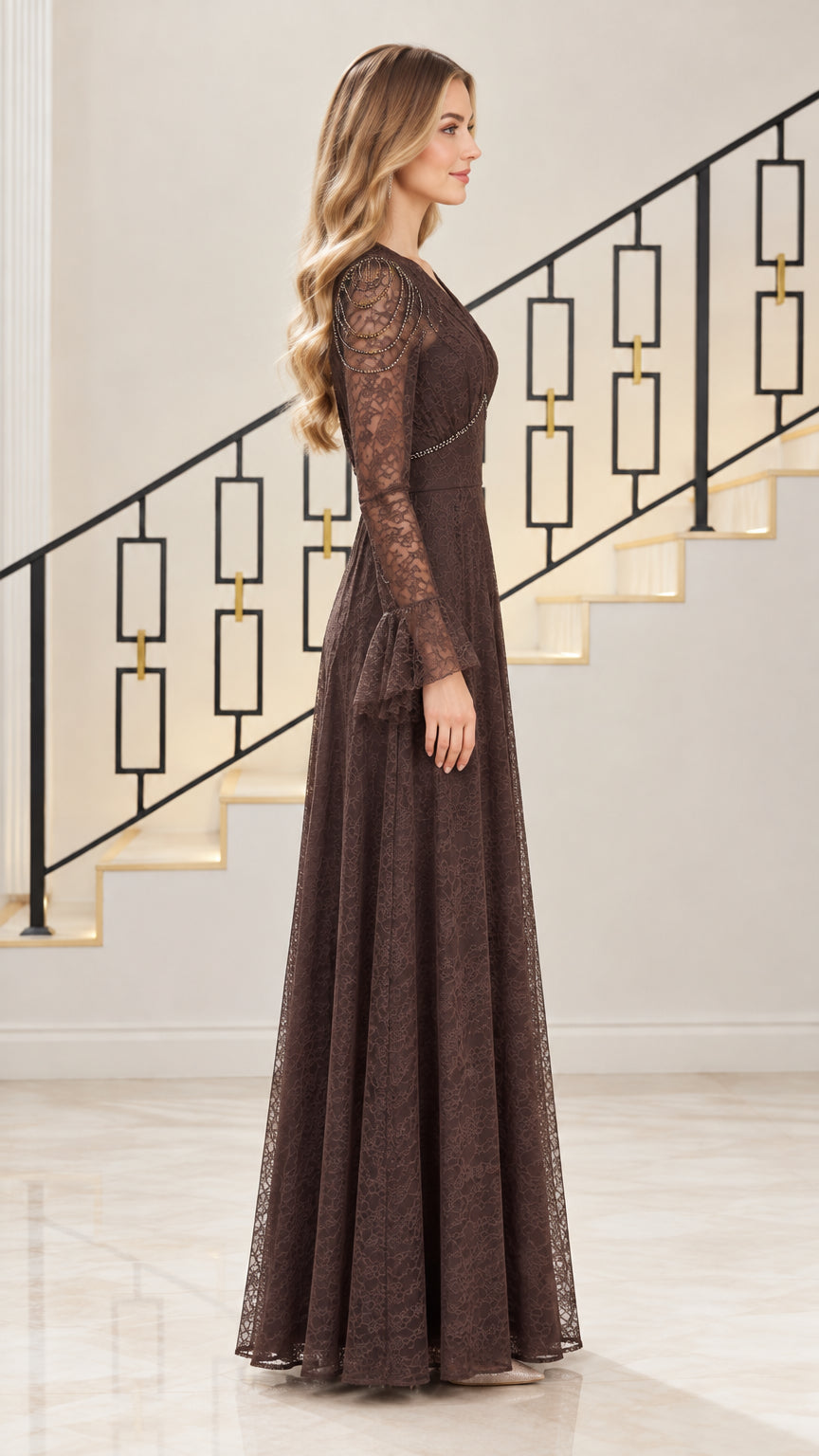 Side profile view of chocolate brown floral lace formal dress
