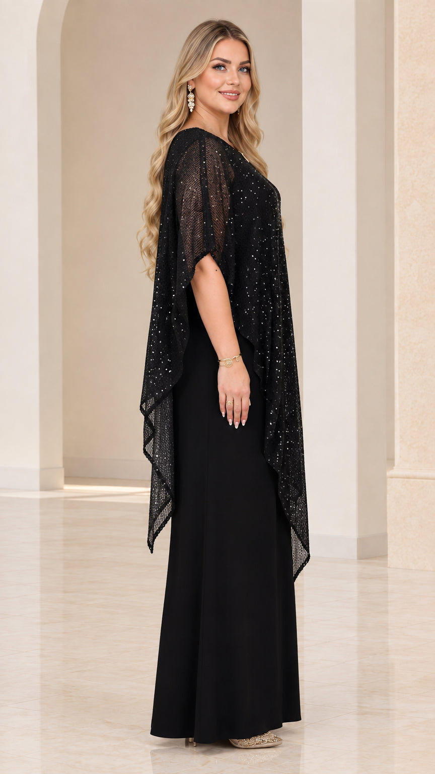 Side view of model wearing Black sequin poncho evening dress