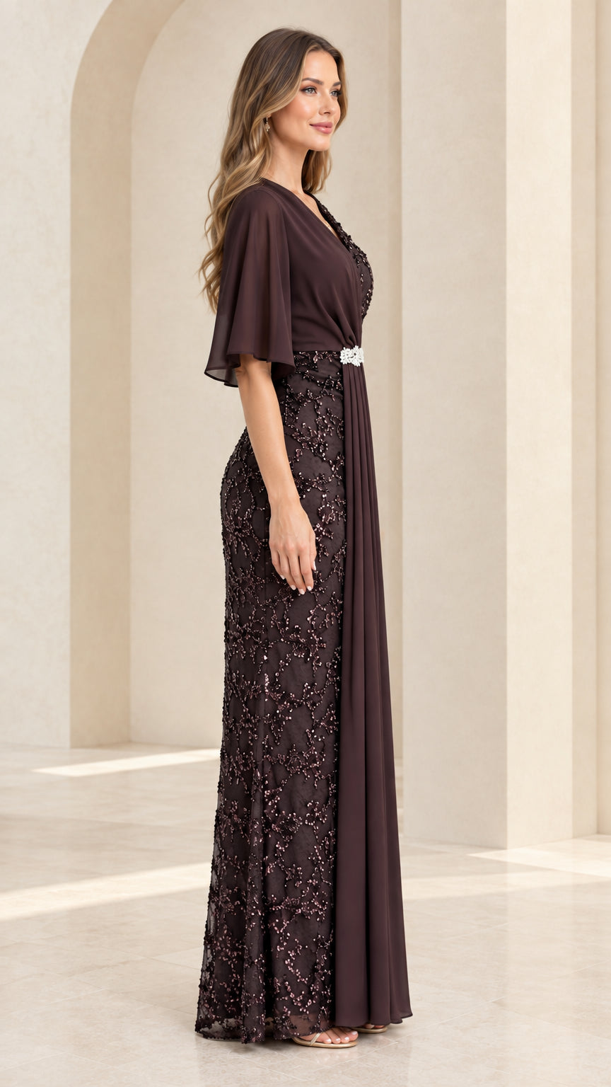 Side profile of chocolate brown sequin maxi evening gown with draped chiffon sash