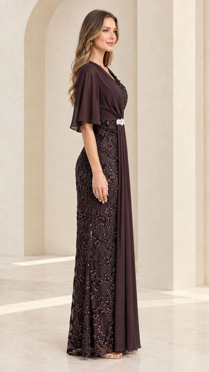 Side profile of chocolate brown sequin maxi evening gown with draped chiffon sash