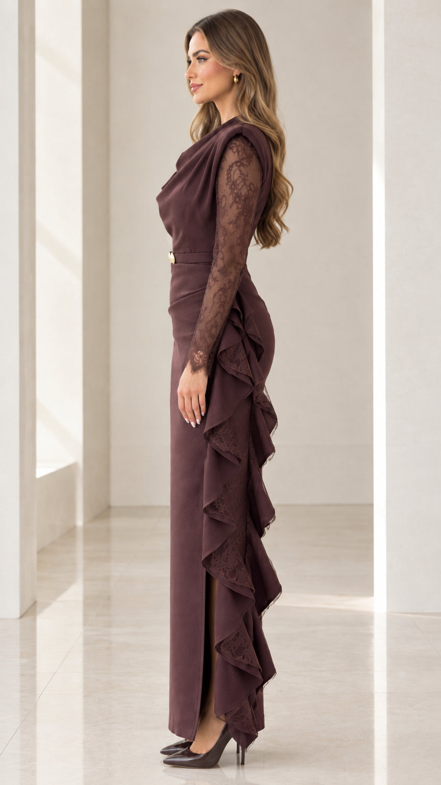 Side angle view of model wearing Chocolate Brown lace sleeve maxi dress showing side ruffles