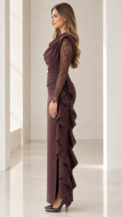 Side angle view of model wearing Chocolate Brown lace sleeve maxi dress showing side ruffles