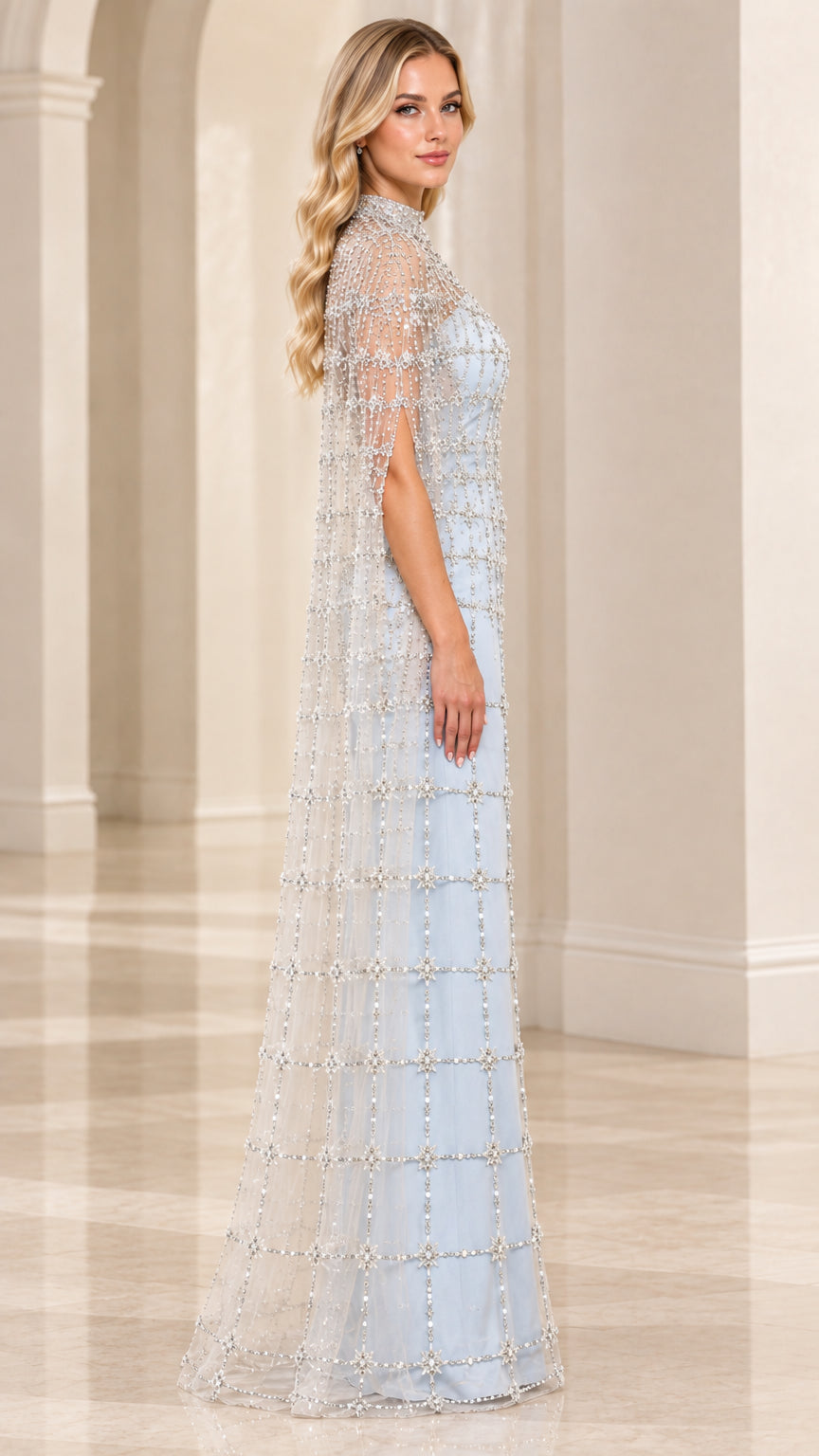 Sky blue cape formal gown side view showing cape drape