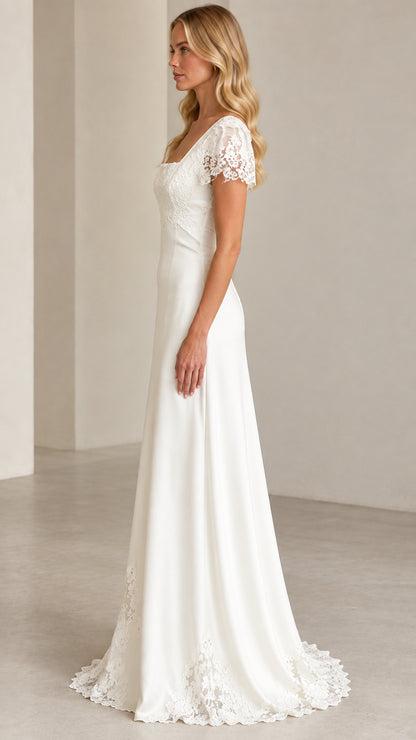 Side profile of white lace floor-length formal gown