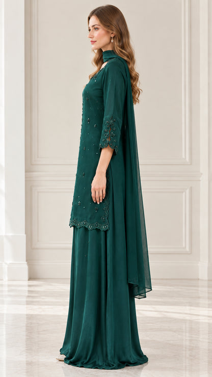 Side profile view of emerald green 3-piece embroidered suit set