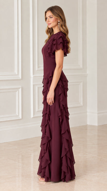 Side profile of burgundy floor-length evening dress with cascading side ruffles