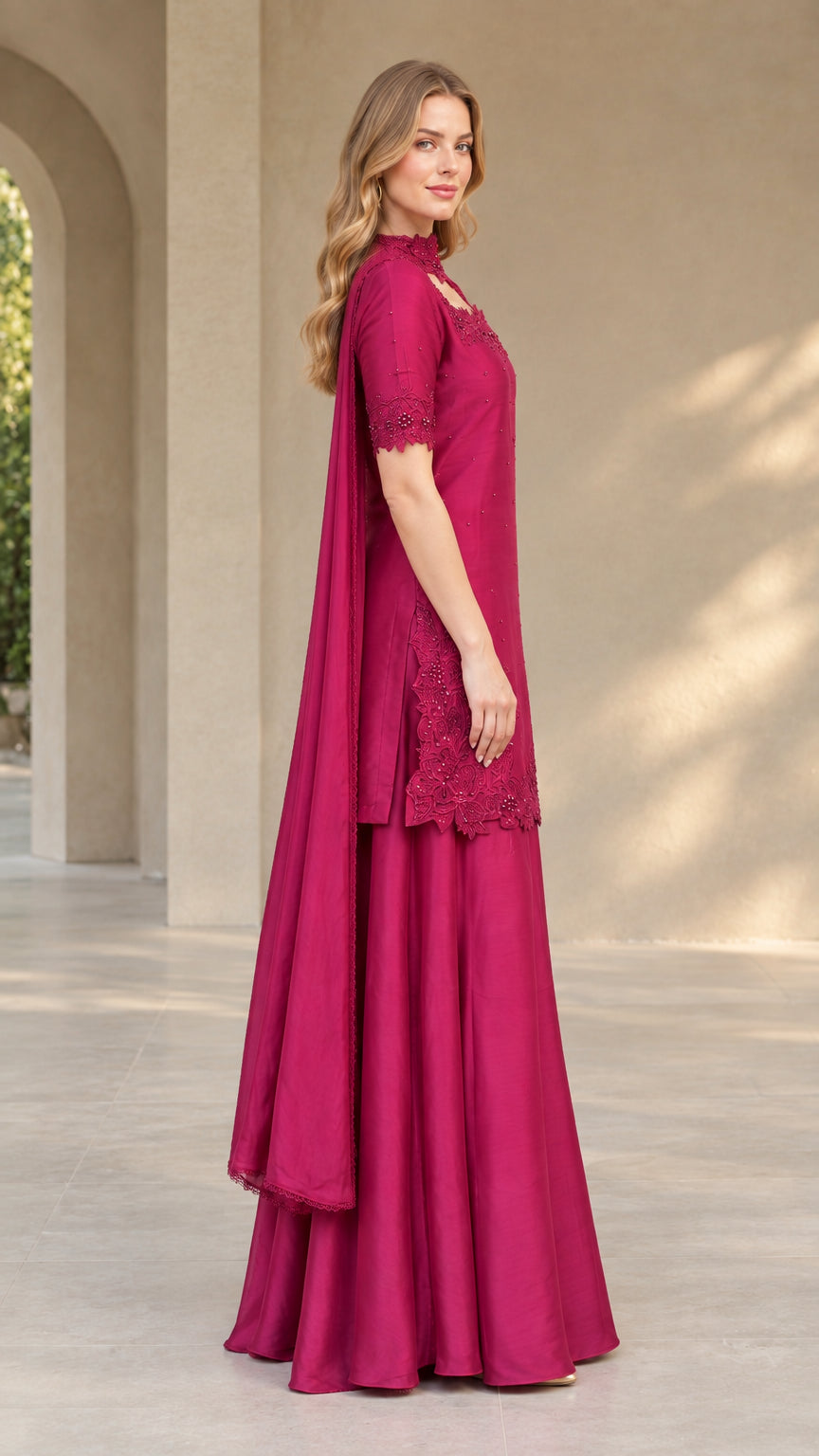 Side profile view of magenta 3-piece tunic and palazzo trousers set
