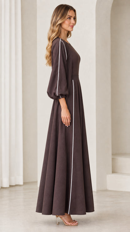 Side profile view of Coffee Brown long sleeve A-line modest maxi dress