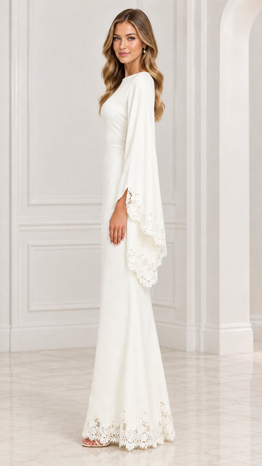 Side profile view of white formal maxi dress showing long flowing cape sleeves