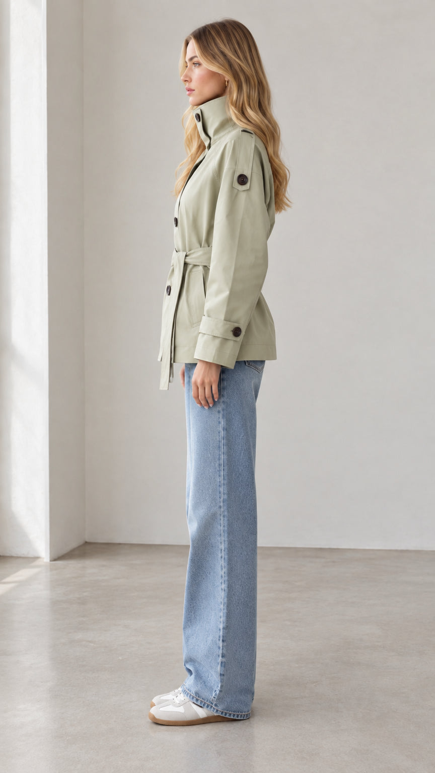 Side profile view of sage green belted short trench jacket