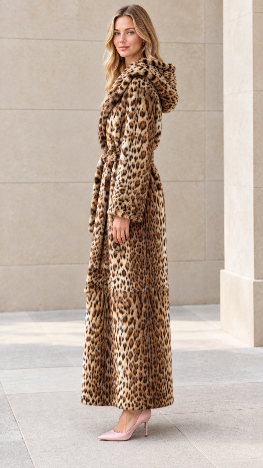 Side profile of model wearing brown leopard print faux fur maxi coat with hood