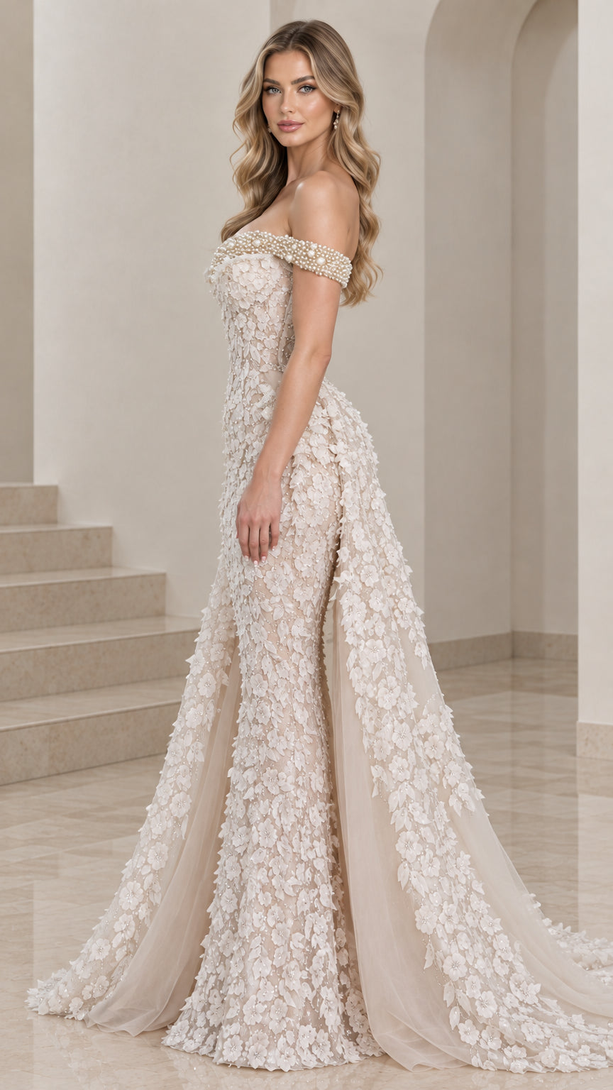 Side profile of champagne floral applique evening dress showcasing dramatic train