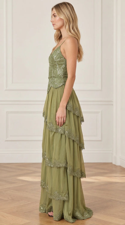 Side view of olive green tiered ruffle evening dress