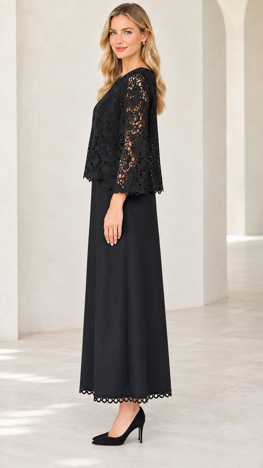 Side view of Black layered lace maxi formal evening dress