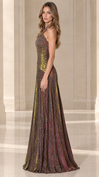 Side view of bronze metallic shimmer pleated maxi dress