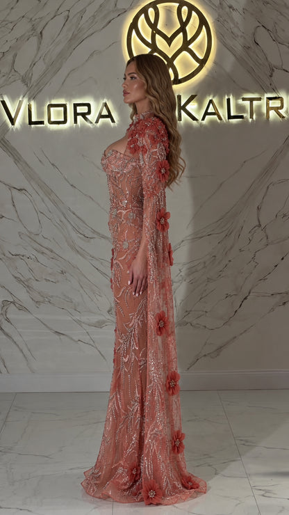 Side profile of Dusty Rose beaded cape sleeve formal gown showing fitted silhouette