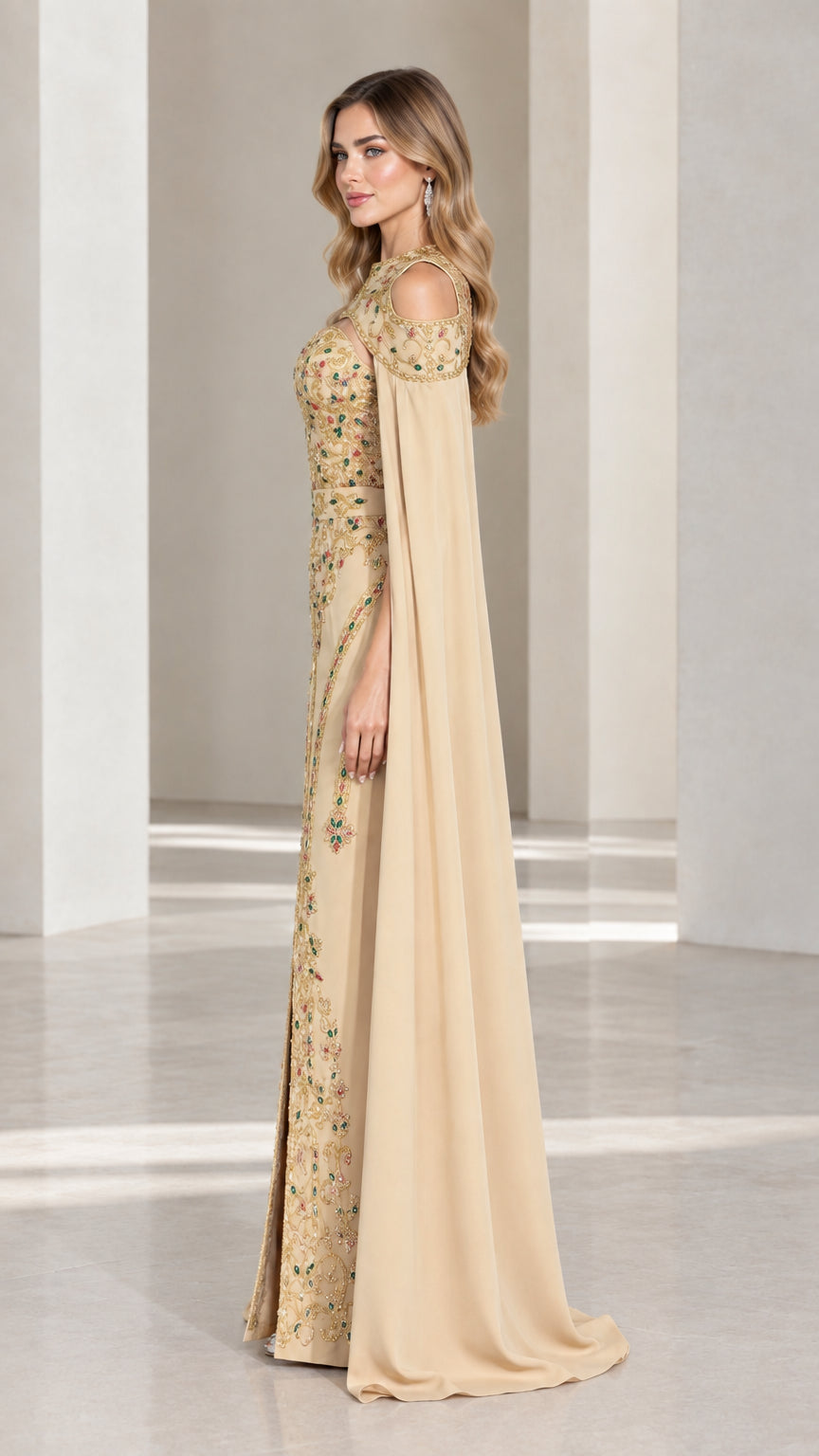 Champagne beaded cape evening gown side profile view