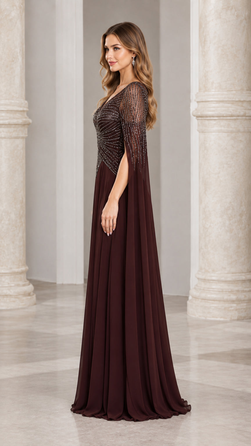 Side profile view of chocolate brown cape sleeve formal maxi dress
