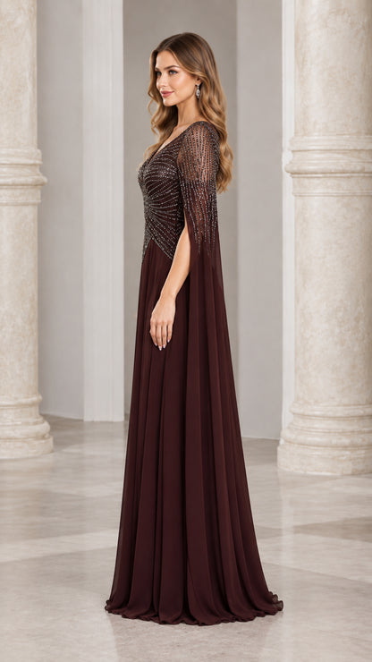 Side profile view of chocolate brown cape sleeve formal maxi dress