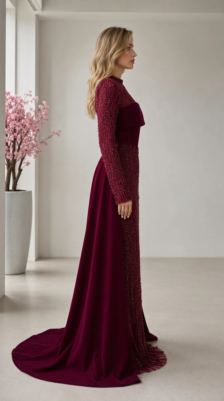 Side profile of burgundy beaded gown showing fitted silhouette and cascading back train