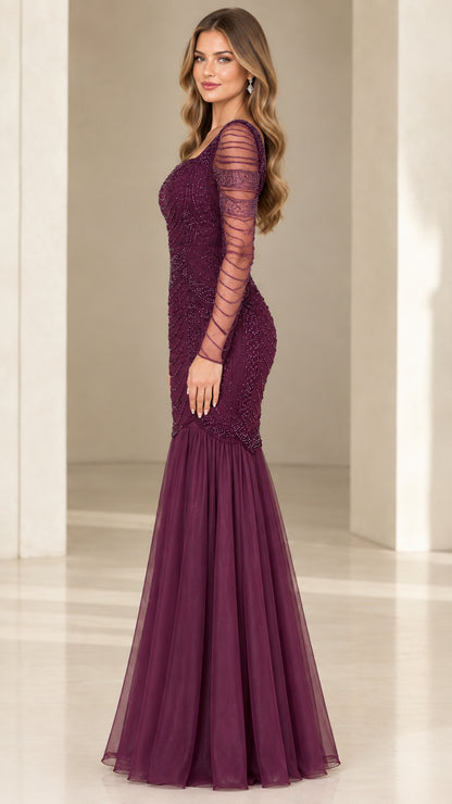 Side angle view of plum long sleeve embellished mermaid formal maxi dress
