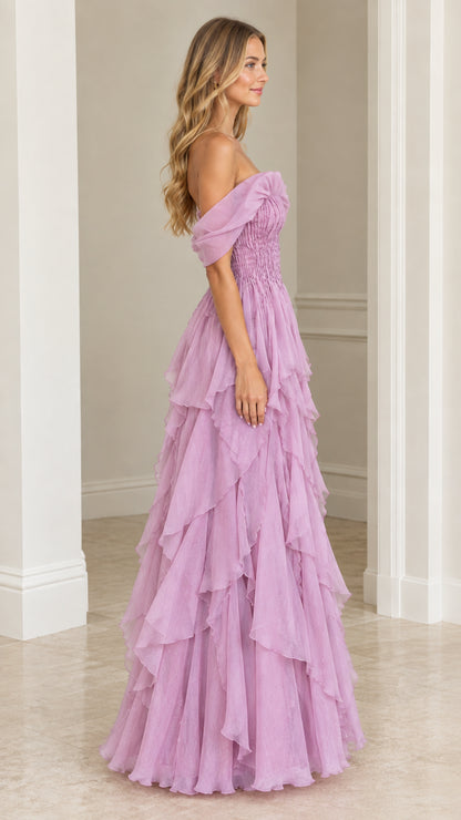 Side profile view of Lilac smocked bodice tiered evening gown