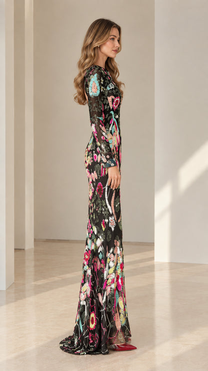 Side profile of black floral embroidered maxi dress showing fitted silhouette