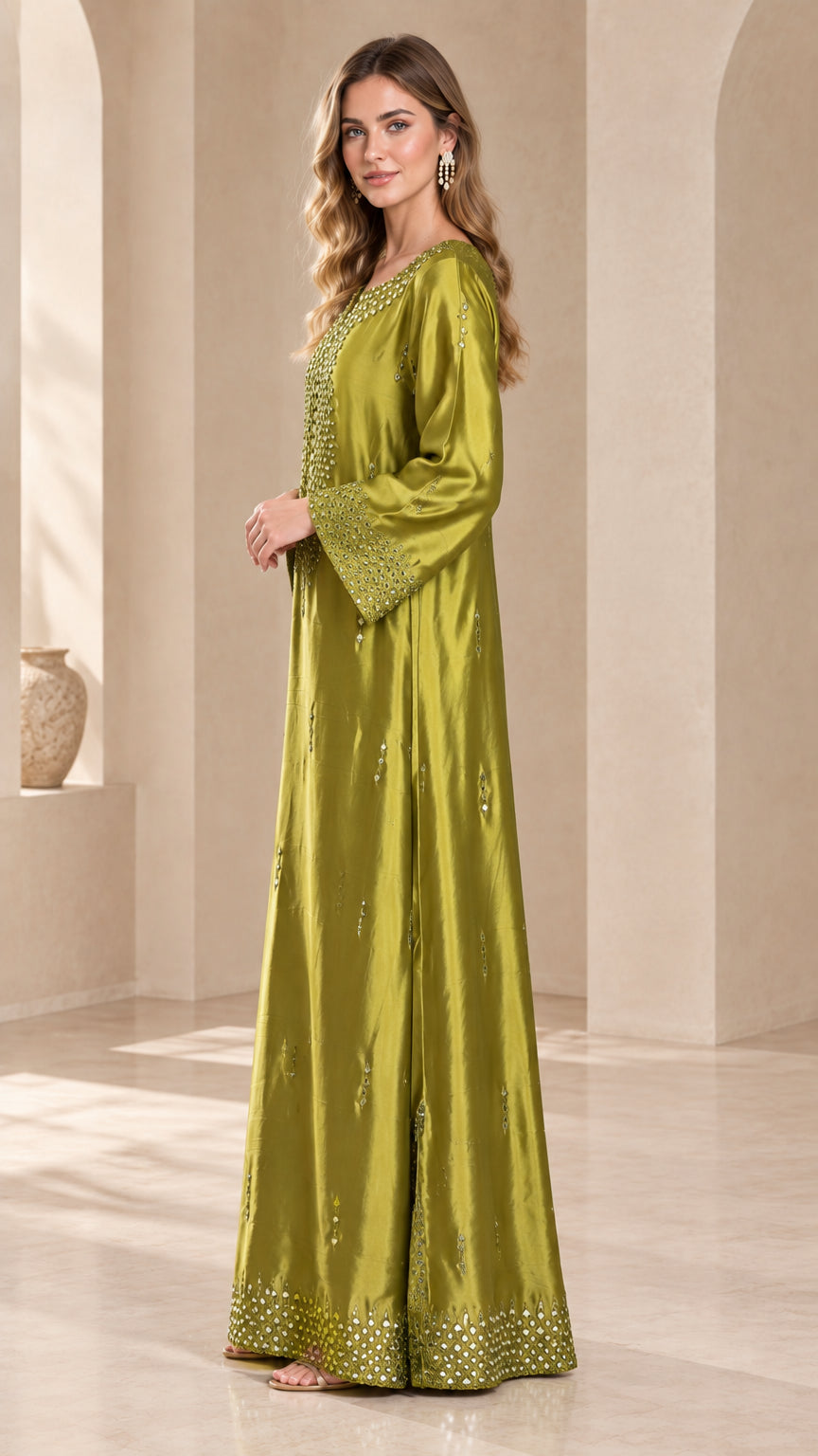 Side 3/4 view of model in an olive green satin maxi kaftan with beaded cuffs