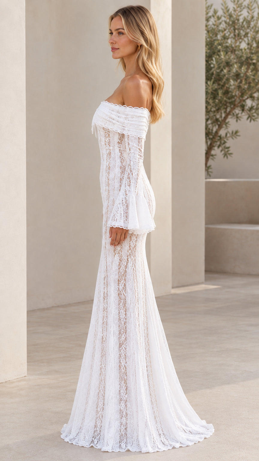 White lace bell sleeve maxi dress side profile view