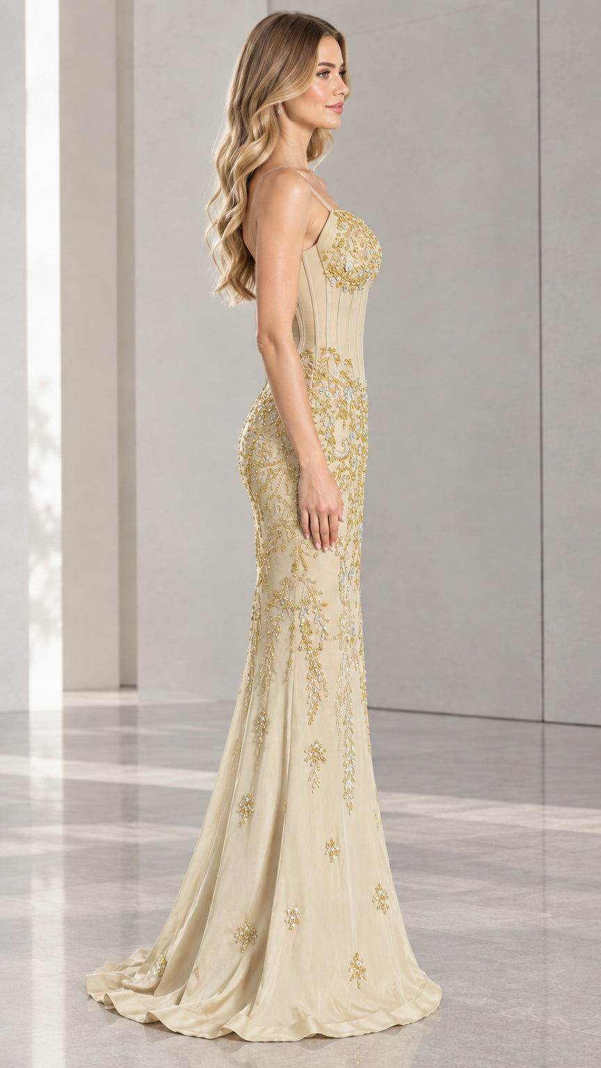 Side profile of Champagne embroidered mermaid formal dress