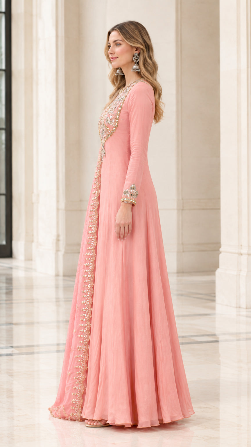 Side profile of model wearing Blush Pink long sleeve flared festive gown