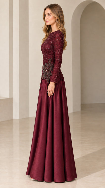 Burgundy sequin long sleeve evening gown side profile view