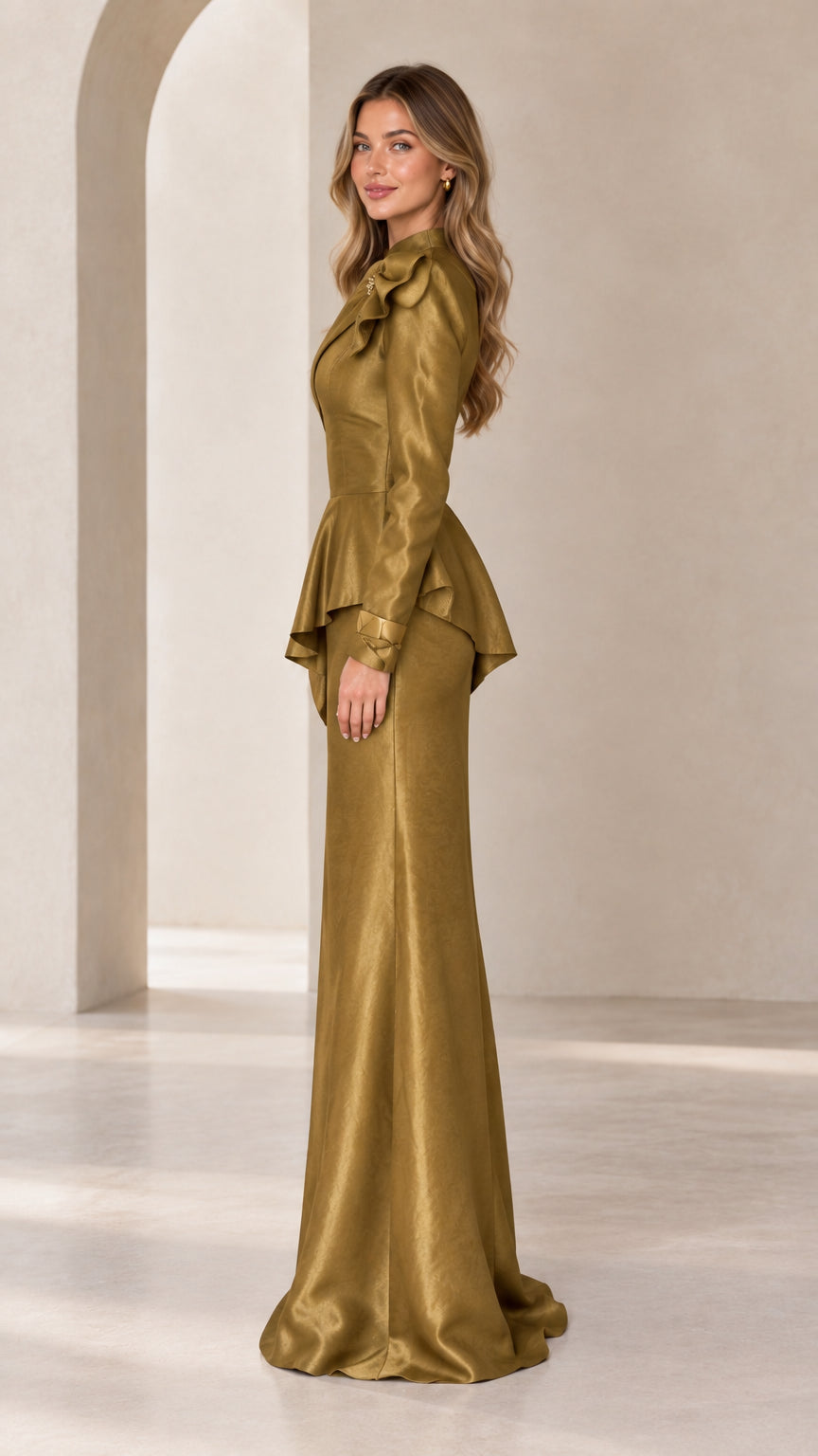Antique Gold peplum maxi formal dress side view