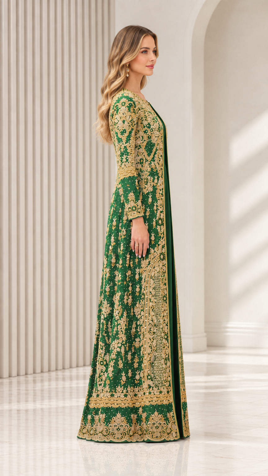 Side profile of Emerald Green floor-length embroidered evening gown