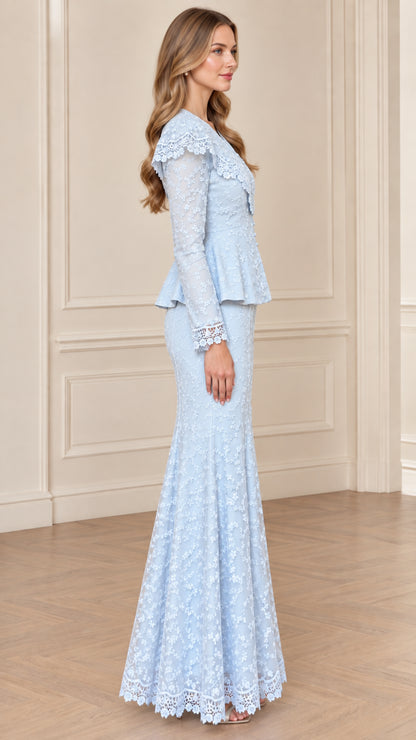 Light Blue floral lace peplum evening set - side profile view