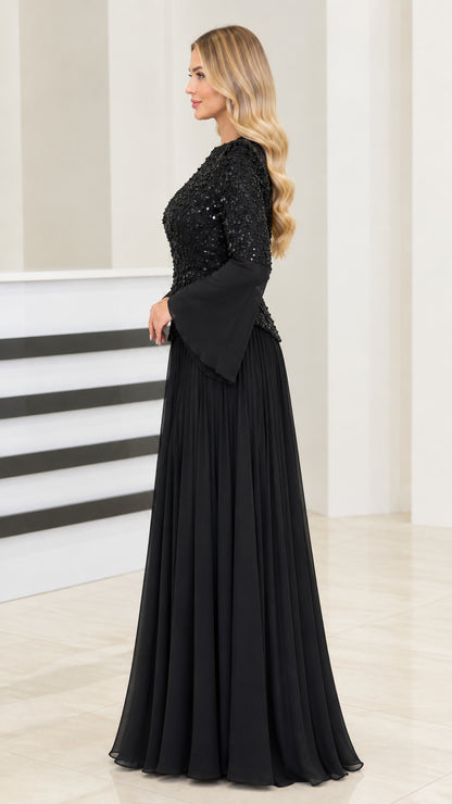 Side profile view of elegant black sequin and chiffon floor-length formal dress
