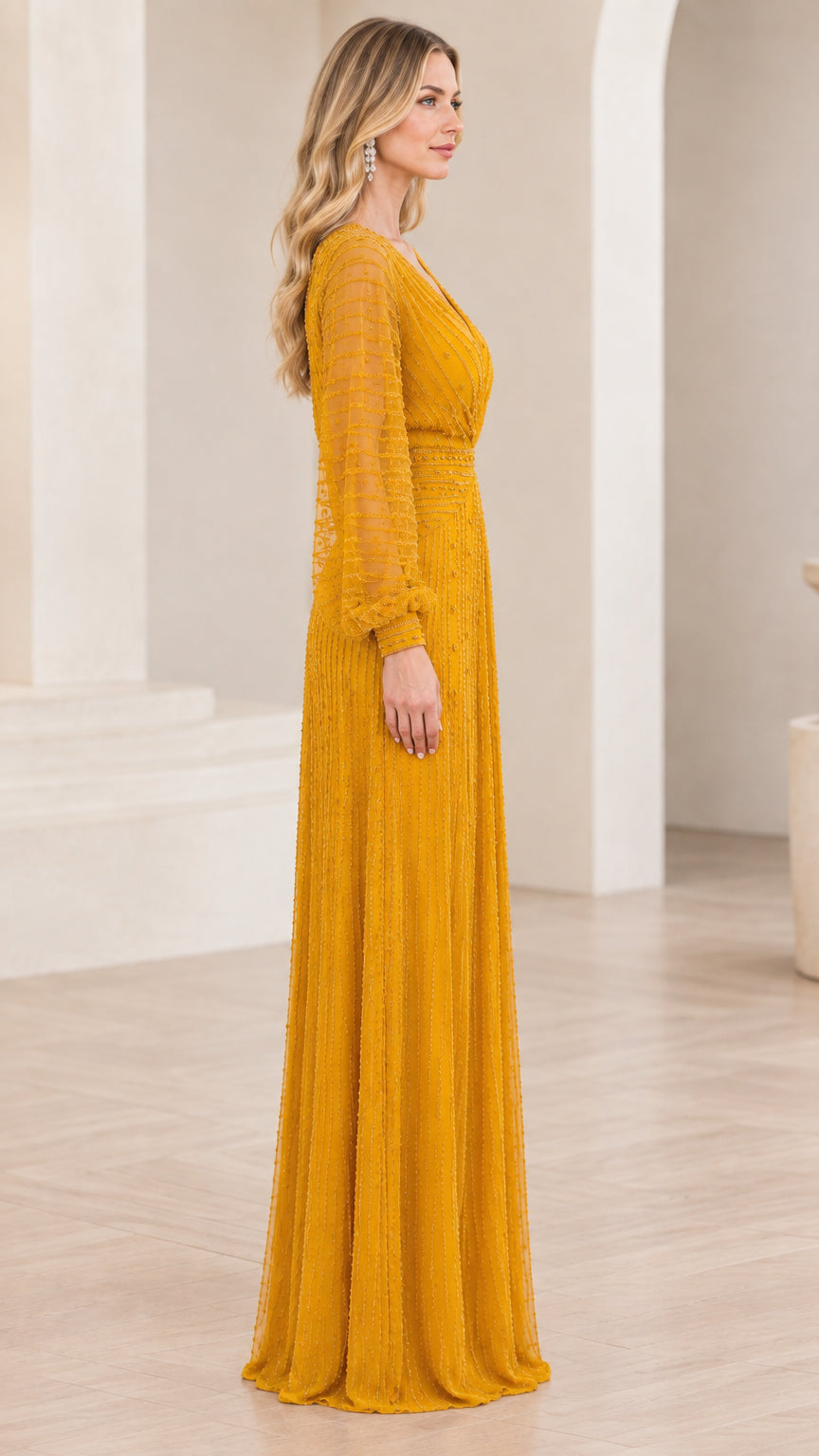 Side profile of mustard yellow maxi evening dress with balloon sleeves