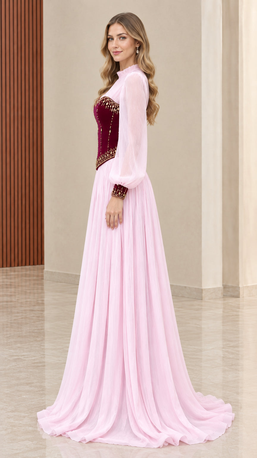 Side angle of model in romantic pink and burgundy corset evening gown