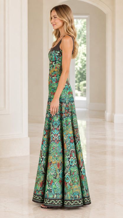 Side profile view of woman wearing teal green vintage print A-line floor length gown