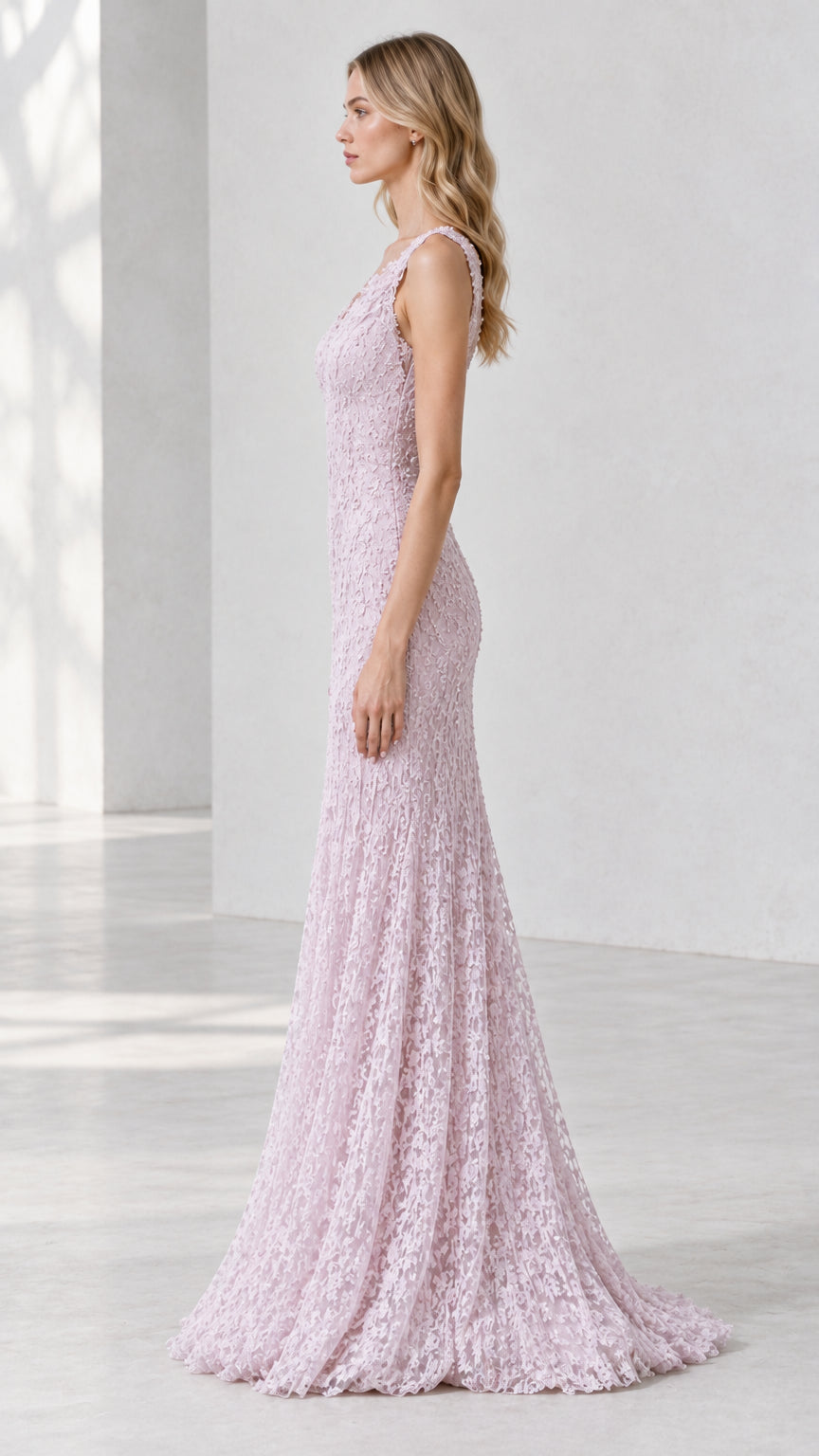Side profile view of lilac floor-length lace evening dress