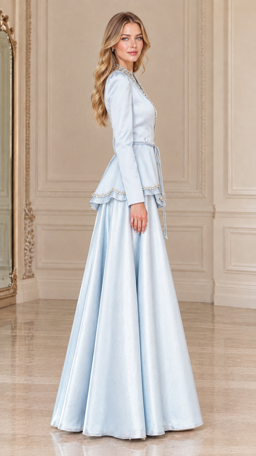 Side profile of Ice Blue peplum maxi evening gown